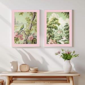 This bird printable art pairs a botanical close-up with a sweeping landscape. In the first print, a green bird with a blue head rests on a branch above clusters of pink peonies. The companion print opens onto a soft chinoiserie garden scene with ancient trees, a river and a pavilion among the blossoms. All standard ratios included. Instant digital download.