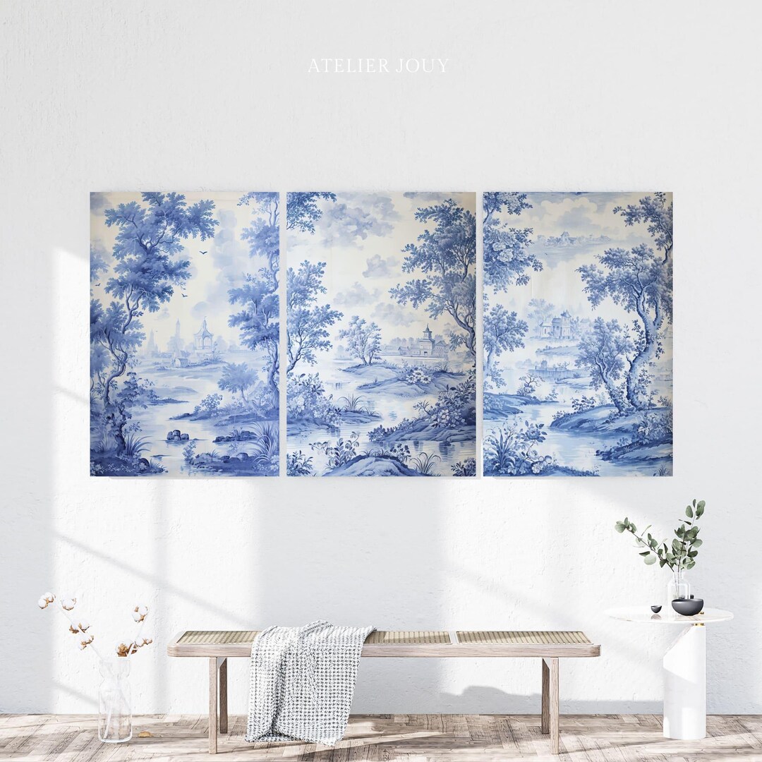 Light Blue Wall Art | Toile De Jouy Pattern | Chinoiserie Wallart | 3 ...