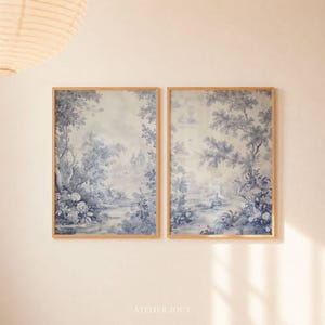 Díptico de arte de parede Toile de Jouy Japandi: Impressões decorativas vintage em tons de azul acinzentado (Download digital)