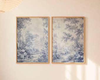 Toile de Jouy Japandi Wall Art Diptych: Dusty Blue Vintage Decor Prints (Digital Download)