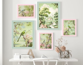 Juego de láminas de pájaros verdes y rosas: Arte mural infantil estilo Toile de Jouy (Descarga digital)