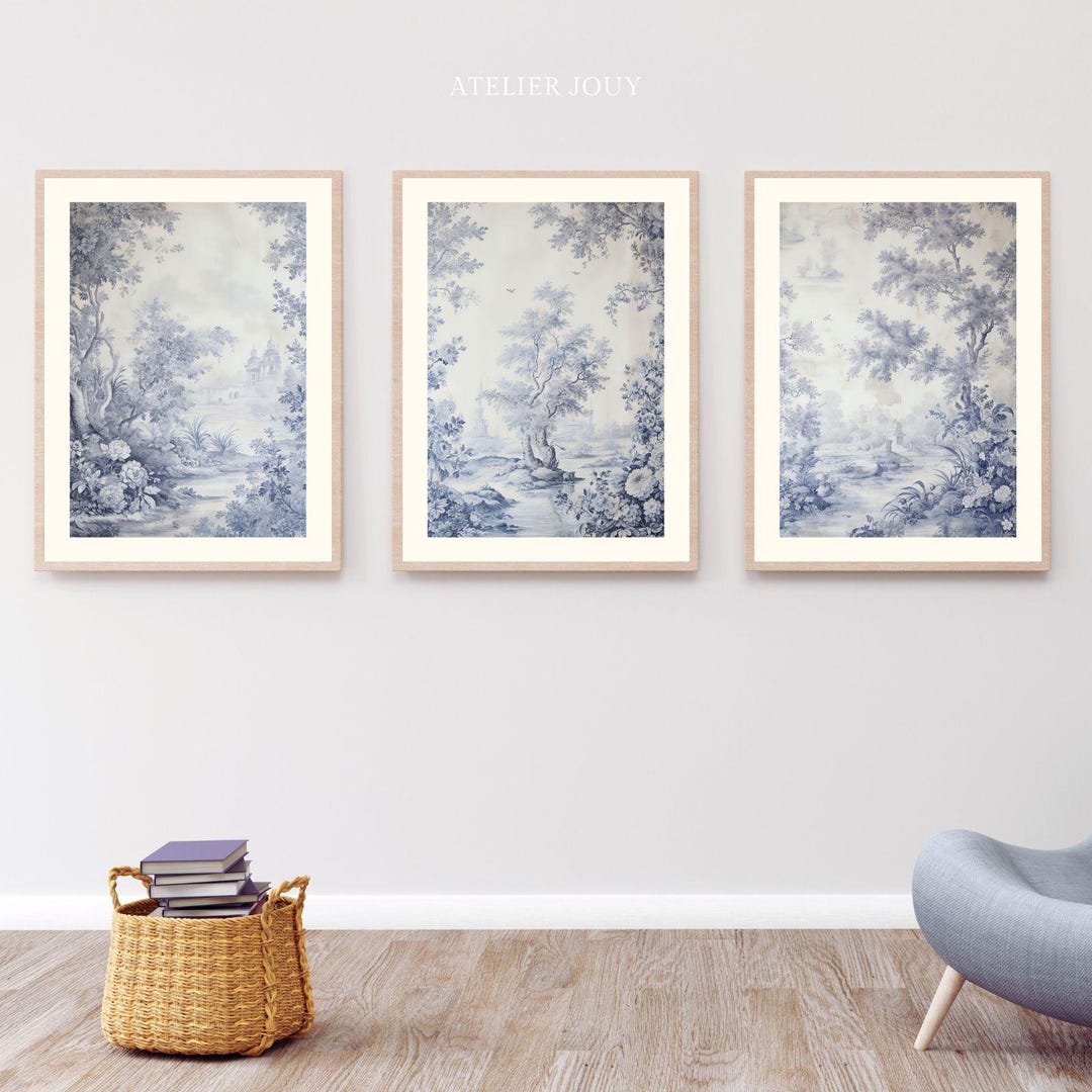 Light Blue Toile De Jouy Print Set: Chinoiserie Triptych (digital ...