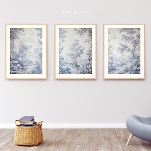 Arte de parede azul claro Toile de Jouy, arte mais vendida, impressão chinoiserie, 3 peças, arte de parede para quarto, tríptico