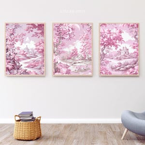 Toile de Jouy Pattern | Coquette Room Decor | Light Pink Wall Art | 3 Piece Wall Art Set | Triptych Wall Art | Girly Wall Art | Atelier Jouy
