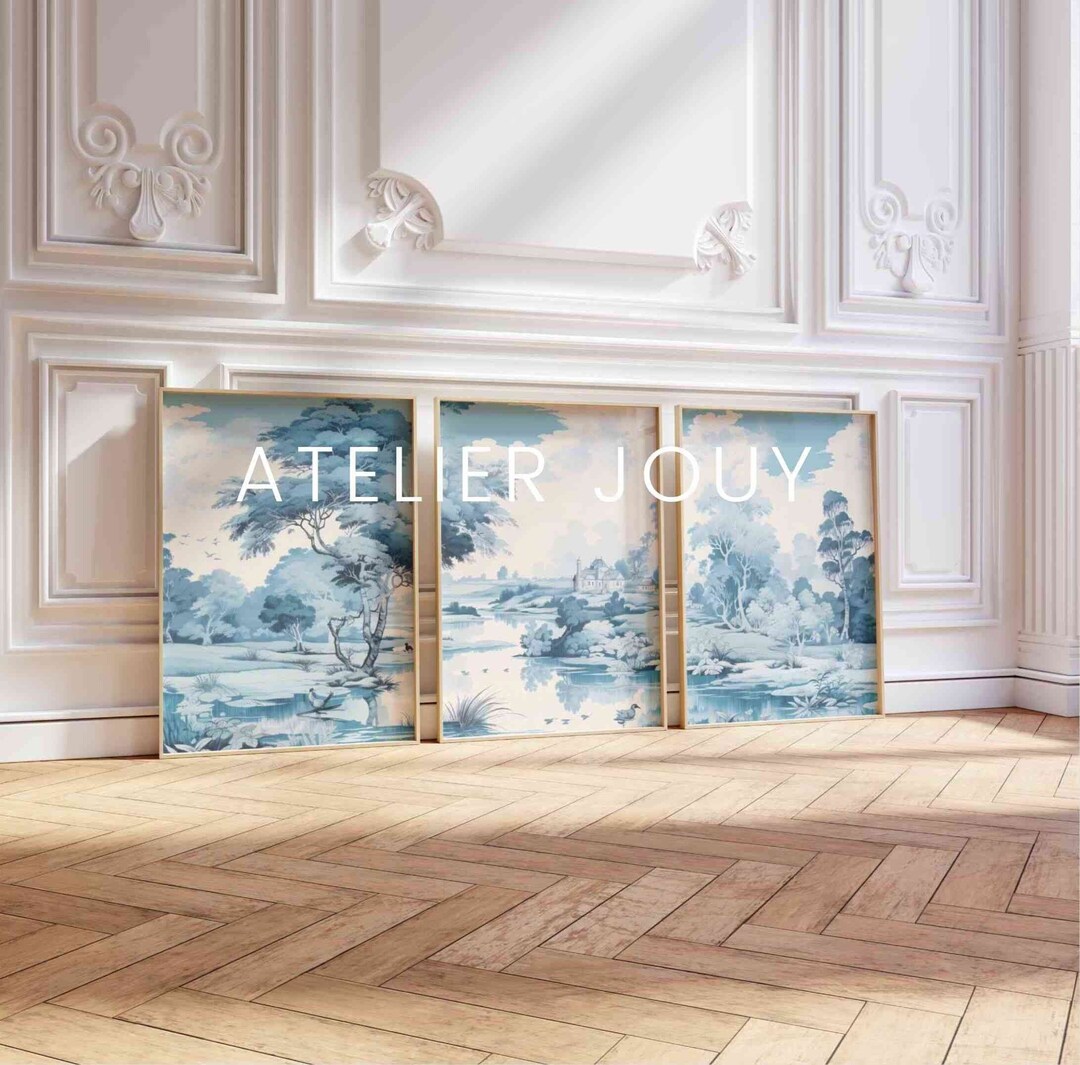 Toile De Jouy Pattern Light Blue Wall Art 3 Piece Wall Art Set ...