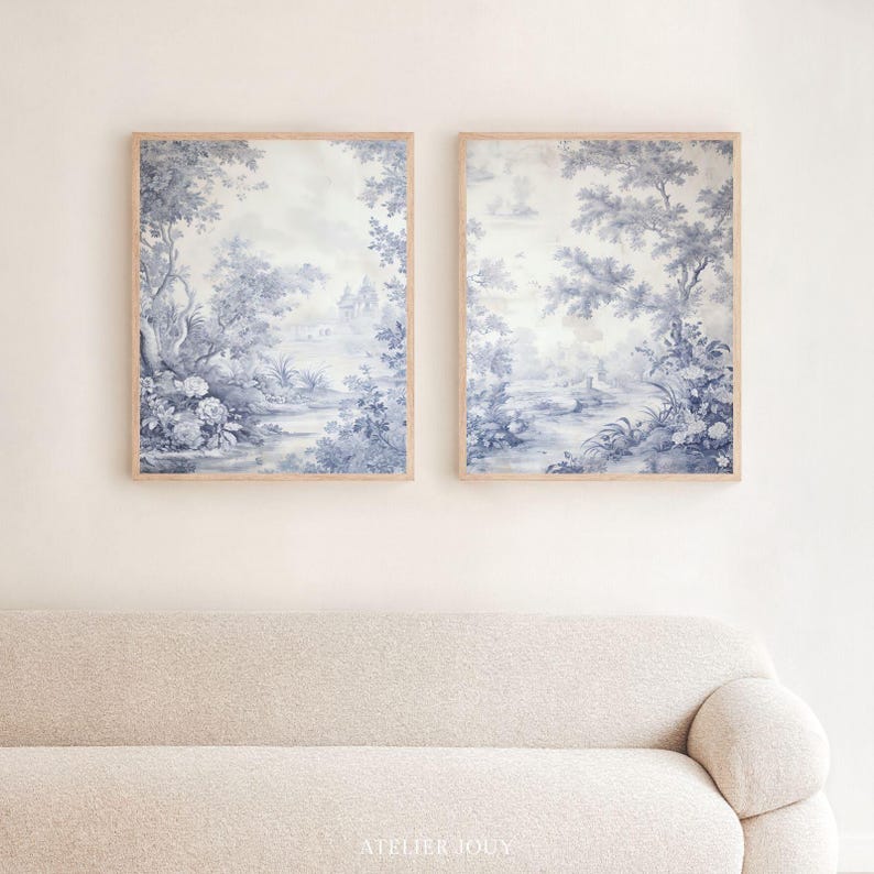 Toile De Jouy Japandi Wall Art Diptych: Dusty Blue Vintage Decor Prints ...