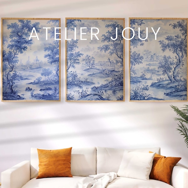 Toile de jouy Print | Light Blue Wall Art | Vintage Wall Art | 3 Piece Wall Art Set | Triptych Wall Art |  Blue Toile Art | Atelier Jouy