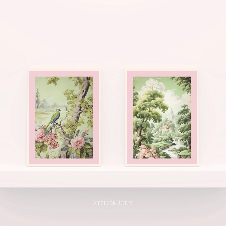 A two-print digital download in a soothing sage and blush palette. One file features a long-tailed green bird with a blue head among pink peonies and leafy branches, a stone spire rising in the background. The other is a wide chinoiserie garden scene with tall trees, billowing clouds and a riverside cottage. All major ratios included. No physical item shipped.