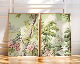 Juego de láminas de pájaros en verde salvia: Arte mural para el baño con temática de dopamina (descarga digital)