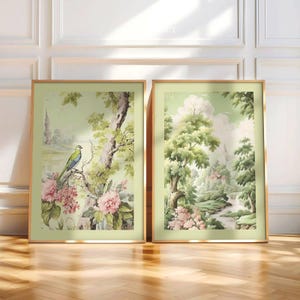 Sage Green Toile Wall Art Set: Bird Painting Diptych (Digital Download)
