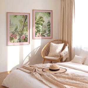 Soft blush pink wall art with a chinoiserie garden feel. This digital download diptych pairs a botanical bird study, a long-tailed green bird among pink peonies and foliage, with a tranquil landscape of ancient trees, a flowing river and a distant pavilion. The blush pink mat ties the two prints together beautifully. All ratios included. Instant digital print.