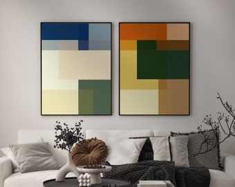 Geometric Art Print Set of 2, Minimal Abstract Art Prints, Abstract Squares Poster Print, Geometric Wall Art, Digital Download