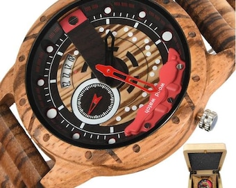 Montre en bois pour hommes, disque de frein rouge, roue, calendrier multifonctionnel, anniversaire de noël, montre-bracelet de voiture