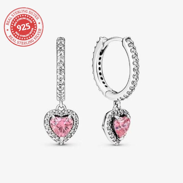 Pendientes de Aro Corazón Halo Brillante Pandora, pendientes colgantes Pandora de plata S925, pendientes delicados, originales genuinos,boda