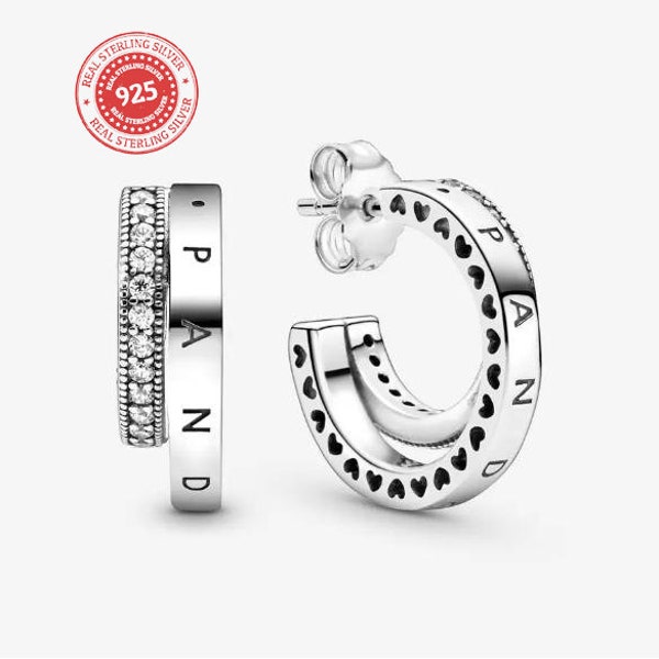 Logo-Creolen aus Pandora-Sterlingsilber, Schmuck, Damengeschenk, Verlobungsohrringe, 925er Sterlingsilber