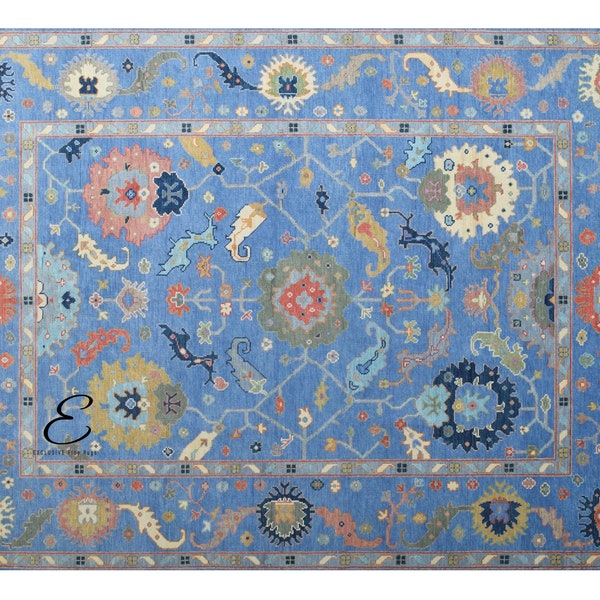 Blue hues Oushak Rug| Pink, Gold , Charcoal & Orange Wool Rug With A Beautiful Pattern, Modern Living Room Rug: Wildest Caoline Area Rug