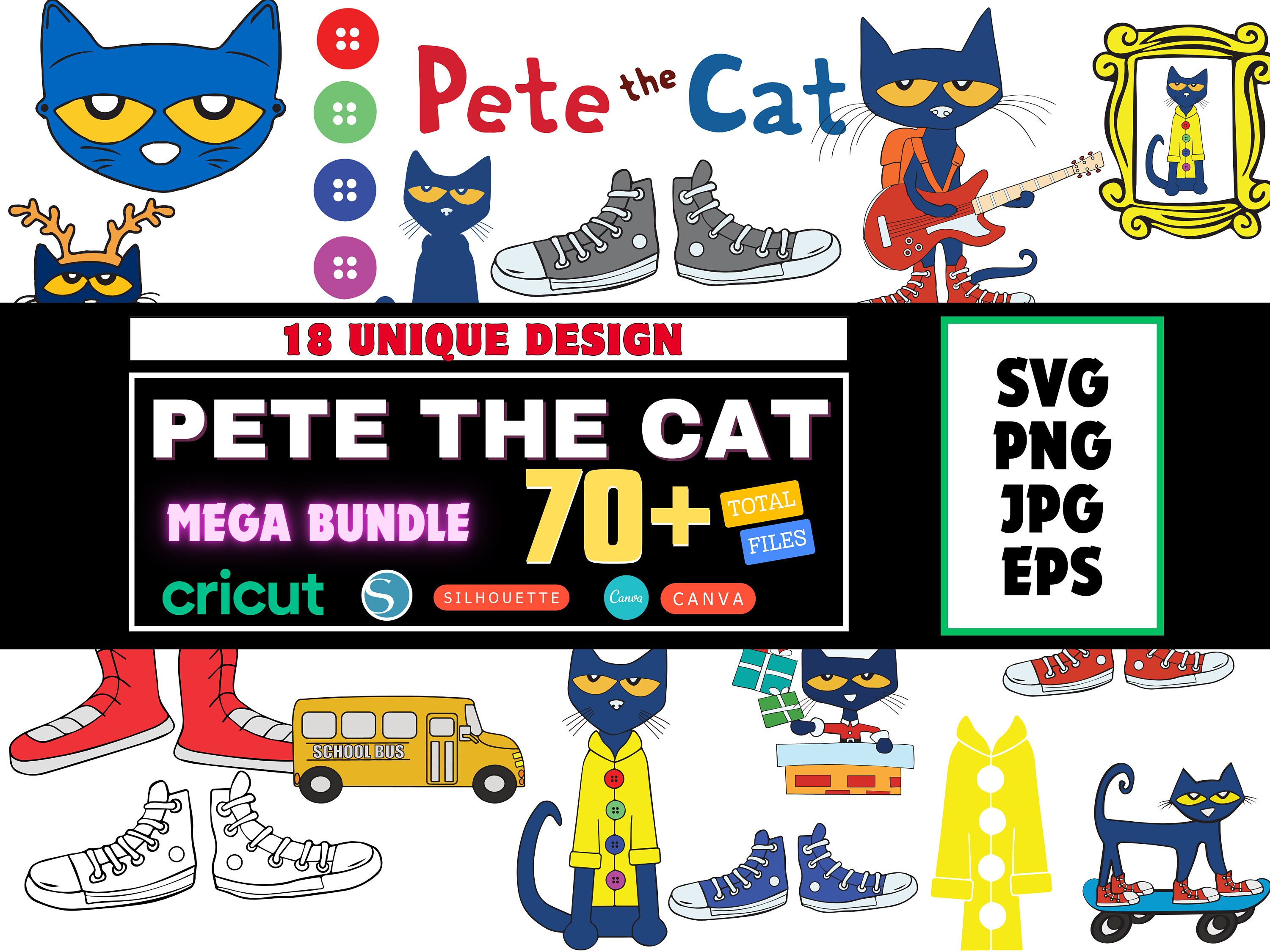 Pete the Cat Svg , Pete the Cat Cricut Vector Bundle , Pete the Cat