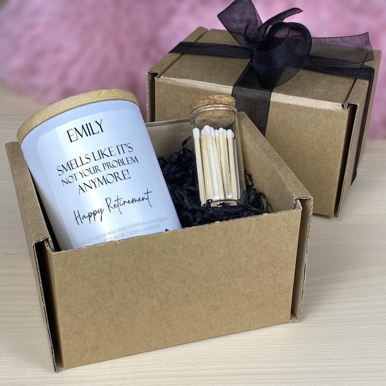 Image of Personalised Happy Retirement Candle Gift, Hand Poured Vegan Soy Wax, Retired Candle Gift Set with Matches, Not Your Problem