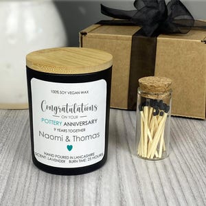 Fully Personalised 9th Wedding Anniversary Candle, Hand Poured Vegan Soy Wax Candle, Pottery Anniversary Gift Set with Matches