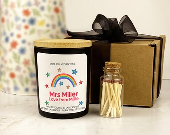 Vela personalizada de agradecimiento para profesores, cera de soja vegana vertida a mano, set de regalo de vela de agradecimiento para profesores y cerillas, arcoíris