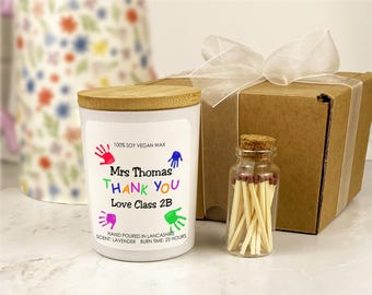 Vela personalizada de agradecimiento para profesores, cera de soja vegana vertida a mano, set de regalo de vela de agradecimiento para profesores y cerillas, huellas de manos.