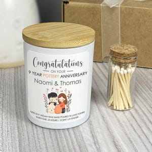Fully Personalised 9th Wedding Anniversary Candle Gift, Hand Poured Vegan Scented Soy Wax Candle, Pottery Anniversary Gift Set