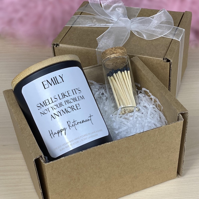 Image of Personalised Happy Retirement Candle Gift, Hand Poured Vegan Soy Wax, Retired Candle Gift Set with Matches, Not Your Problem