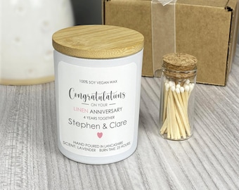 Fully Personalised 4th Wedding Anniversary Candle, Hand Poured Vegan Soy Wax Candle, Linen Anniversary Gift Set with Matches