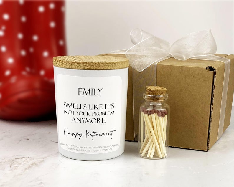 Image of Personalised Happy Retirement Candle Gift, Hand Poured Vegan Soy Wax, Retired Candle Gift Set with Matches, Not Your Problem