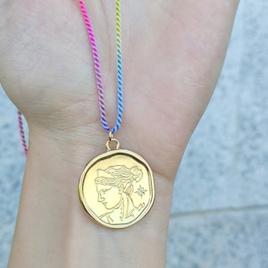 18K GOLD Ancient Greek Goddess Coin Charm Necklace, Roman Gods Ancient Medallion, Rainbow Layering Amulet, Hypatia Protection Talisman Gift