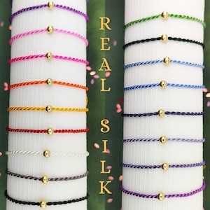 3mm 18k Gold Filled Natural Silk Cord Bracelet, Hand-dyed real silk thread string, 925 Sterling silver bead ,Gold plated friendship bracelet