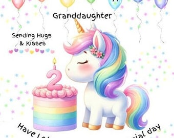 May include: A colorful birthday card featuring a unicorn with a rainbow mane and tail, holding a candle on a rainbow cake. The card says "Emma Granddaughter" and "Sending Hugs & Kisses". It also says "Have Lot's of fun on your special day".
