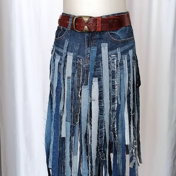 Boho Extravagant Jeans Skirt Stripes Hight Waist Avand Garde Skirt Reworked Asymmetrical Denim Skirt With Fringles Festival Skirt Streetwear