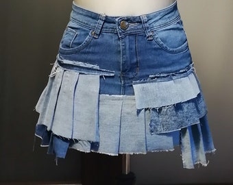 Mini Pleated Denim Skirt Reworked Boho Chic Skirt Jeansrock Distressed Jeans Skirt Reconstructed Jeans Skirt Cute Chic Streetwear Skirt