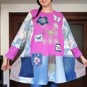 Crazy Funky Hippie Tunic - Upcycled Whimsy Boho TShirt Dress - Oversize Shabby Chic Top - Plus Size Art to Wear ,ddp includet