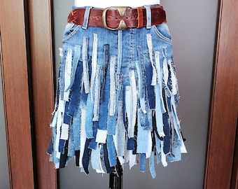 Mini Denim Skirt with Fringes and Stripes - Extravagant High Waist Boho Festival Skirt - Avant Garde Streetwear