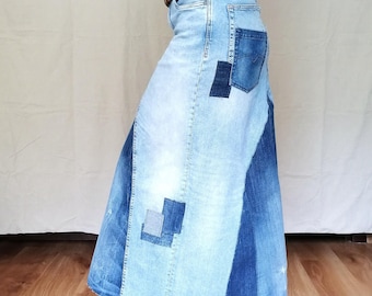 Blue Jeans Boho Skirt Patched Maxi Hight Waist Denim Skirt Reworked Hippie Skirt Street Fashion Jeansrock, fringels skirt multi pocket skirt