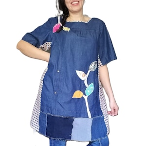 Upcycled Denim Duster: Boho Tunic Dress with Owl Patch (M-XL) (DDP included)