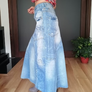 Denim Skirt, Maxi Boho Jeans skirt, Streetwear Style for Casual Chic Look, Gift for Fashion Lovers ,Upcycled Jeans Skirt
