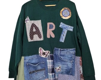 Upcycled Boho Flannel Sweatshirt Tunic - Appliqué Flowers Funky Hippie Festival Top - Shabby Chic M-XL