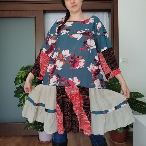 Robe rustique bohème upcyclé tunique hippie haut bohème vêtements ample Cottage Duster Festival Weat vintage ferme robe chic XL-2XL