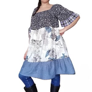 Patchwork Boho Tunic Dress - Upcycled Hippie Duster Coat - Longline Mixed Print Gypsy Top - Sustainable Boho Statement Wear