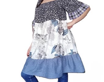 Romantic Rustic Duster ,Boho Upcycled Tunic Dress - Patchwork Hippie Duster, Eco-Friendly Farm Chic Top, Country Oversized Dress,L-2XL