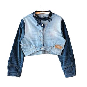 Upcycled Cropped Denim Jacket, Patchwork  Boho Jacket, Chic Street Fashion Upcycled Distressed Jeans Top,