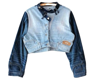 Upcycled Cropped Denim Jacket, Patchwork  Boho Jacket, Chic Street Fashion Upcycled Distressed Jeans Top,