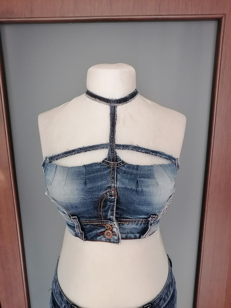 Denim Corset Crop Top Upcycled Chic Casual Wear Stylish Crop Top With ...