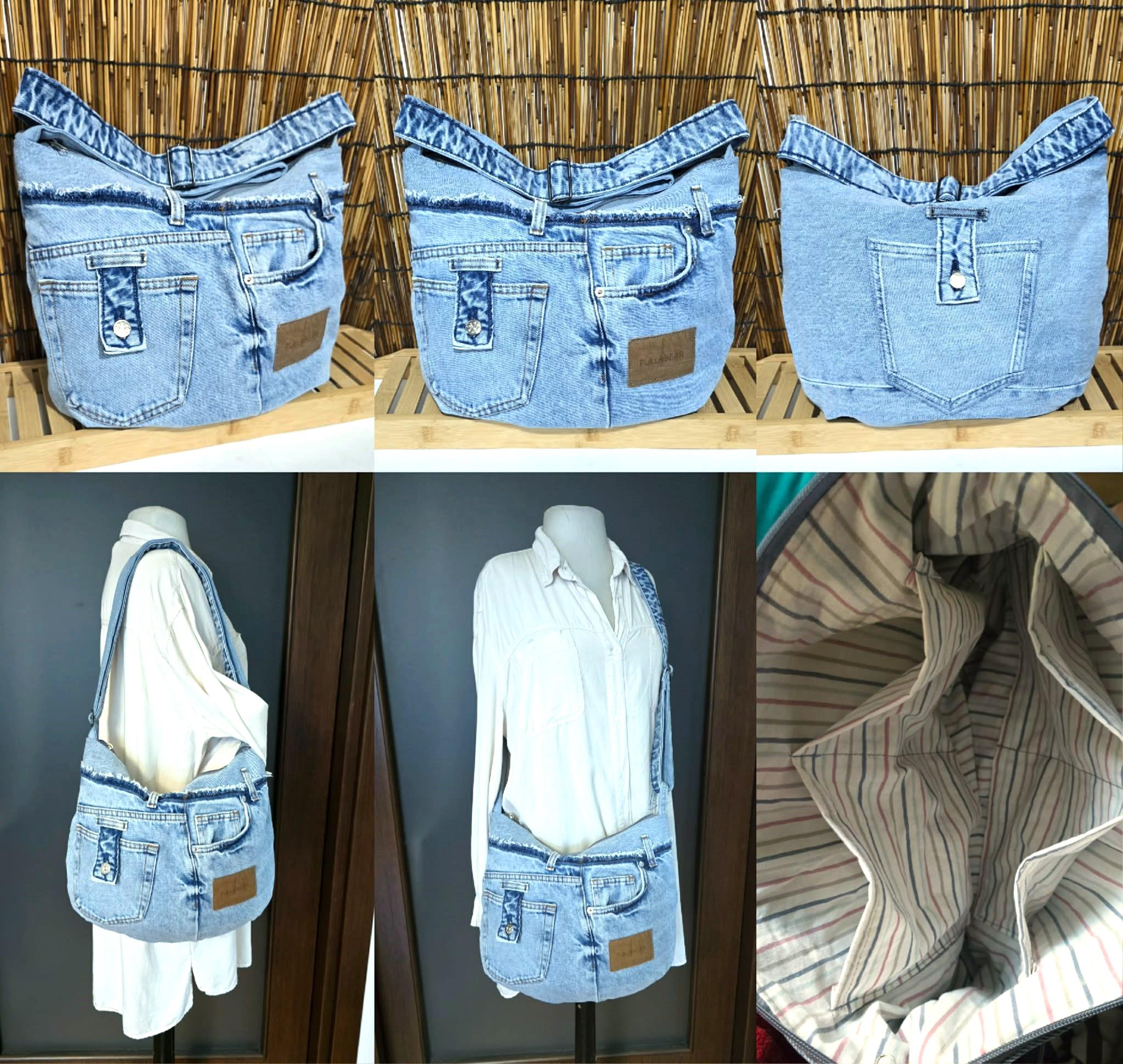 Black Denim Hobo Bag 16x14 in - Upcycled Crossbody Purse