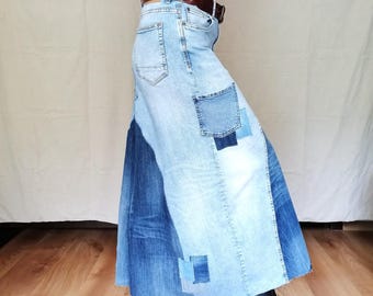 Falda larga vaquera de patchwork reciclada - Boho Hippie, cintura alta, Jeansrock - Falda de moda urbana con múltiples bolsillos