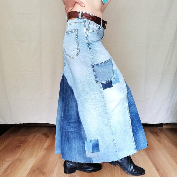 Upcycled patchwork denim maxirok - boho hippie hoge taille jeansrock - street fashion rok met meerdere zakken