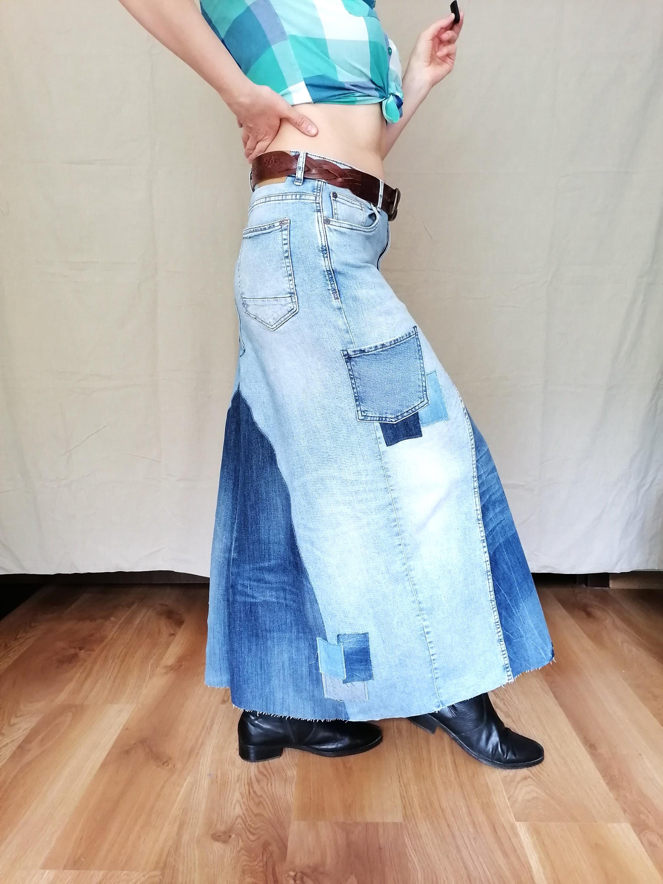 アップサイクルパッチワークデニムマキシスカート - ボヘミアン